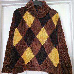Vintage Rafaella Chenille Brown/Gold Turtleneck Argyle Print Sweater Size Medium